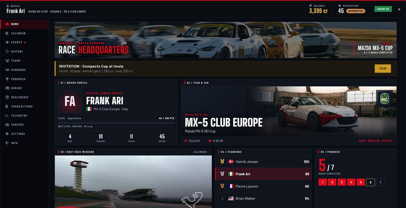 The PADDOCK Home page inside Assetto Corsa EVO