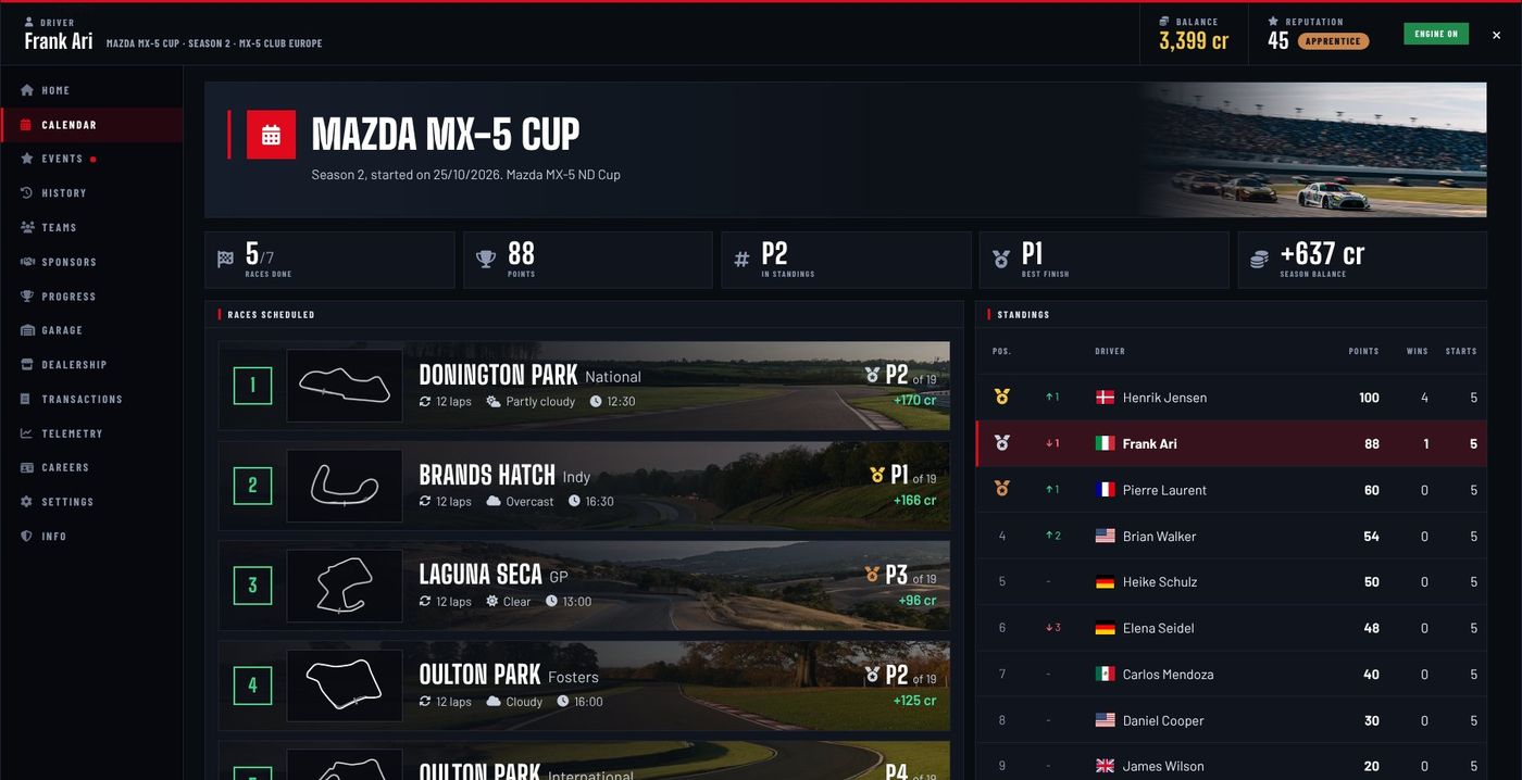 Season calendar with your results round by round.