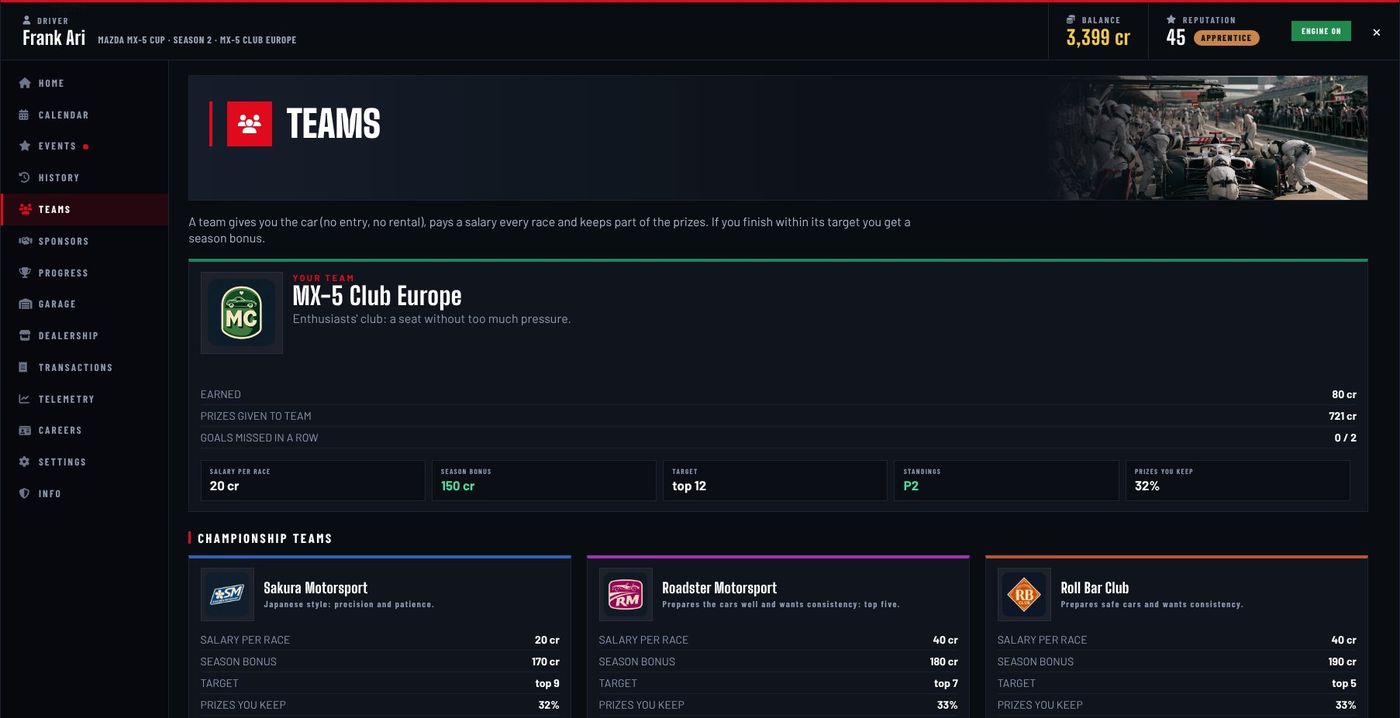 Team offers: salary, prize share, bonus and target.
