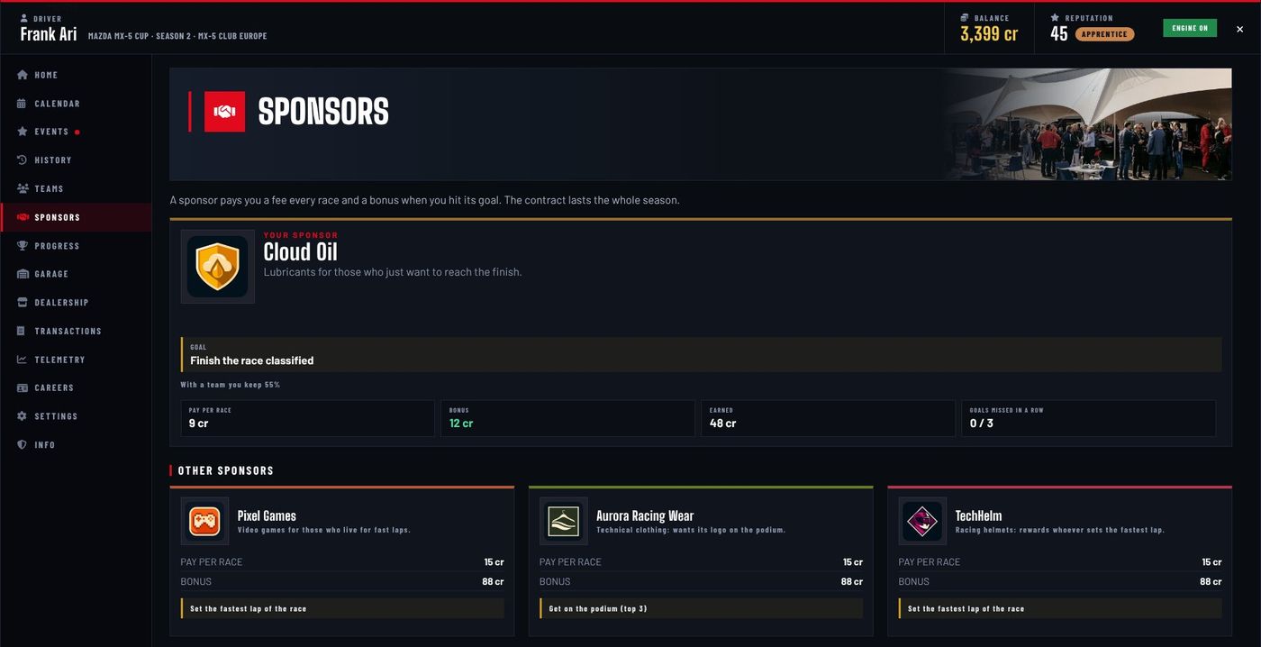 Sponsor offers for the season.