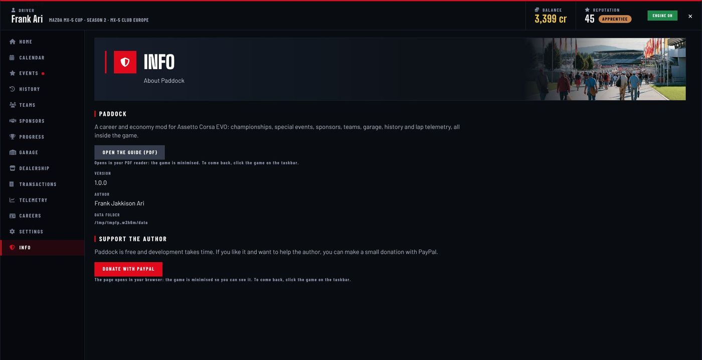 The Info page with the guide, version and author.